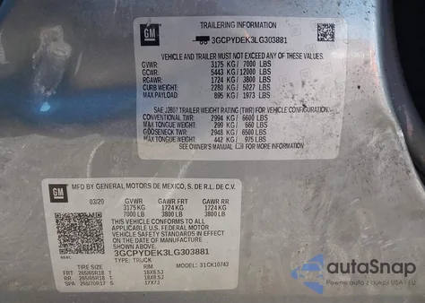 2020 Chevrolet Silverado 1500 4Wd Standard Bed Lt z USA, uszkodzony, nr VIN 3GCPYDEK3LG303881